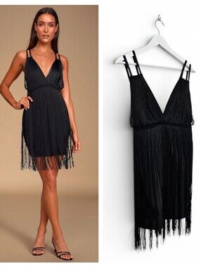 Whyte Valentyne Fringe Mini Dress 10 Bodycon Plunge V Neck Cocktail Black